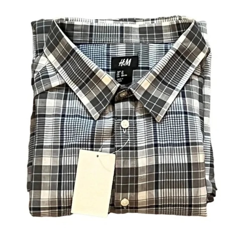 H & M Men's Plaid Button Front Long Sleeve Lightweight Cotton Shirt Size XL